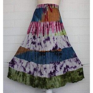 Sacred Threads L XL Colorful 6 Tier Tie-Dye Elastic Waist Cotton Gypsy Skirt